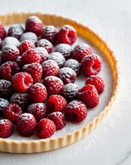 Delicious raspberry tart with fresh raspberries and powdered sugar.