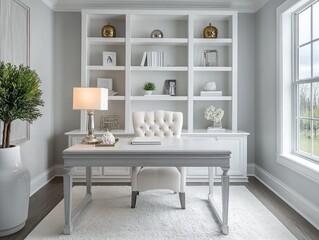 Chic study room with white and gray tones enhanced by metallic accents