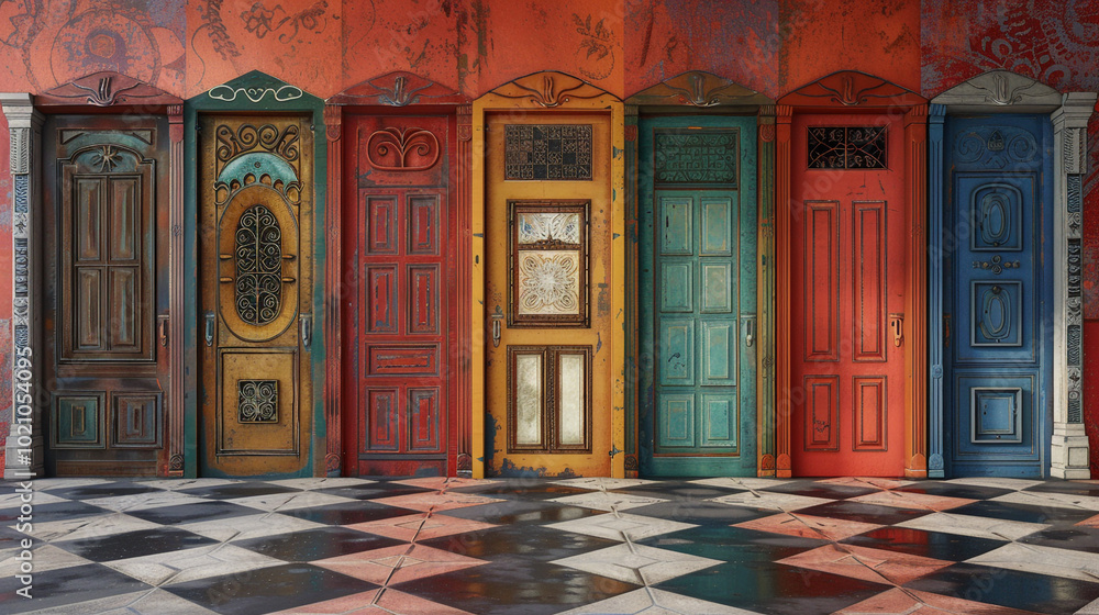 Poster a set of doors, each uniquely designed with different patterns and colors, all open, symbolizing acc