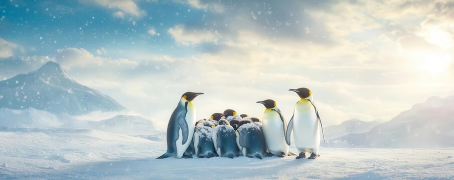 Group of emperor penguins huddled together on a snowy landscape.