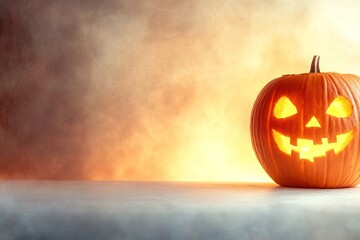 Glowing pumpkin on misty background with copy space