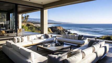 Fototapeta premium A luxurious outdoor space featuring modern furniture and elegant decor, with a view of the ocean and mountains in the background