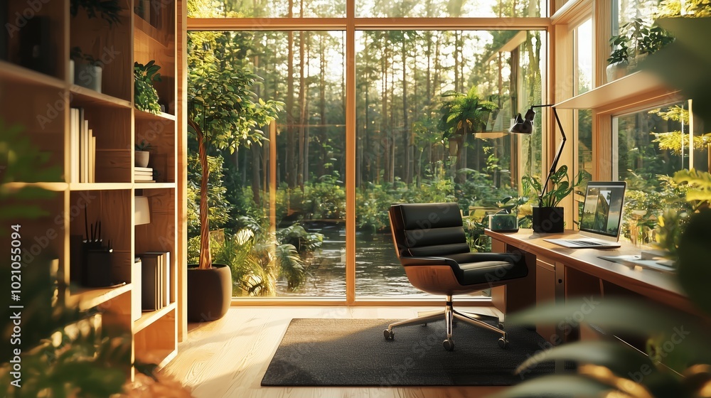 Poster serene modern workspace in tiny home setting