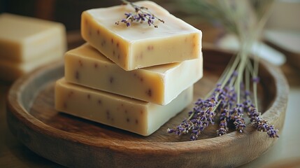Organic soap bars stacked on a wooden tray with dried lavender sprigs, evoking a peaceful and clean environment for daily self-care