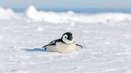 A cute baby penguin sliding on snow against a clear icy background.