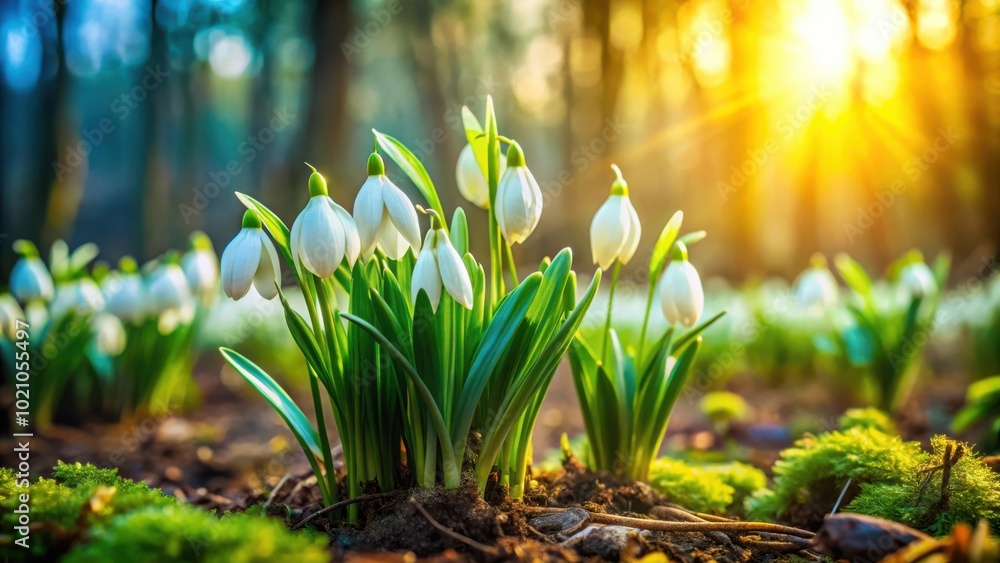 Poster delicate snowdrops emerge from the forest floor bathed in the golden light of a setting sun