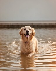 Golden Retriever Enjoying a Watery Adventure.