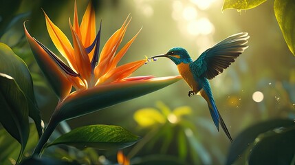 A close-up of a bird of paradise flower, with a colorful hummingbird feeding on its nectar