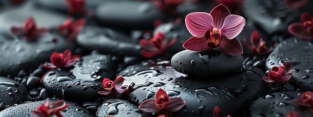 Plakat zen basalt stones and bamboo with dew. Generative AI,