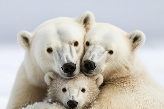 A family of three polar bears embracing together in a snowy landscape.
