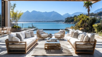 Fototapeta premium A stunning seaside patio with elegant outdoor furniture, beautiful decor, and a backdrop of mountains and the ocean