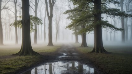 Foggy forest path with muddy ground and puddles in early morning light.