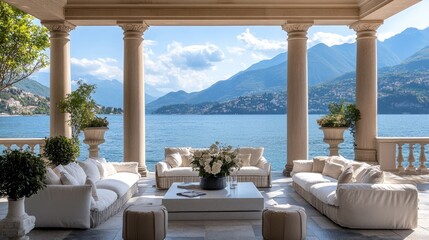 An elegant patio with luxurious seating and decor, set against a stunning seaside backdrop with mountains in the distance