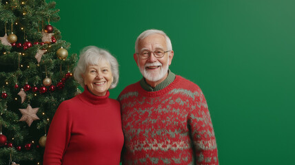 Portrait of a happy adult couple posing next to their Christmas tree on green background with copy space