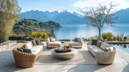 Obraz premium A beautifully designed outdoor space with stylish furniture, elegant decor, and a breathtaking view of the sea and mountains