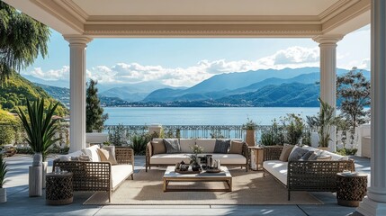 Fototapeta premium A beautifully designed outdoor space with stylish furniture, elegant decor, and a breathtaking view of the sea and mountains