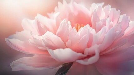 Close-up of a delicate pink peony with soft, dewy petals in warm, gentle light.