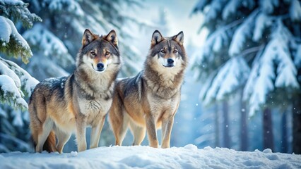 Naklejka premium Two wolves stand side-by-side in a snowy forest, their fur blending with the winter landscape, as they gaze towards the horizon with a sense of calm and alertness.