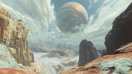 Futuristic alien landscape with a massive swirling planet in the cloudy sky above rocky terrain.