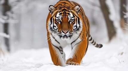 Tiger walking through snowy forest, showcasing powerful presence and beauty.