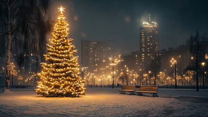 Illuminated Christmas tree in cold winter night with copy space