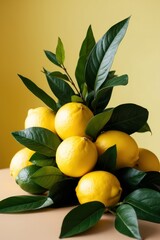 Fresh Lemons and Green Leaves on Yellow Background.
