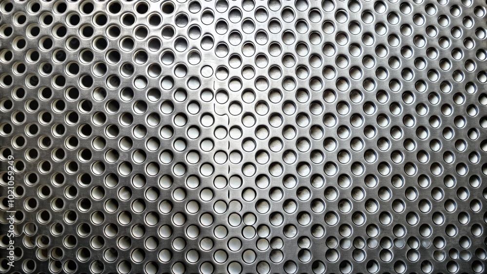 Poster a metal sheet with a repeating pattern of circular holes, creating a grid-like structure, reflecting