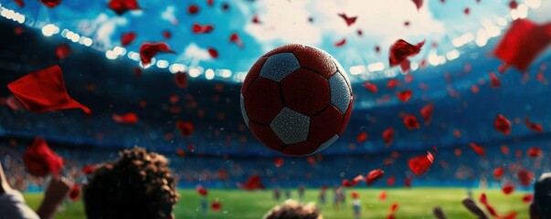 A dynamic soccer scene with a football soaring through the air, surrounded by enthusiastic fans waving red flags in a vibrant stadium atmosphere.
