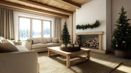 Fototapeta premium A cozy, winter living room featuring a fireplace, Christmas trees, soft furnishings, and large windows letting in natural light.