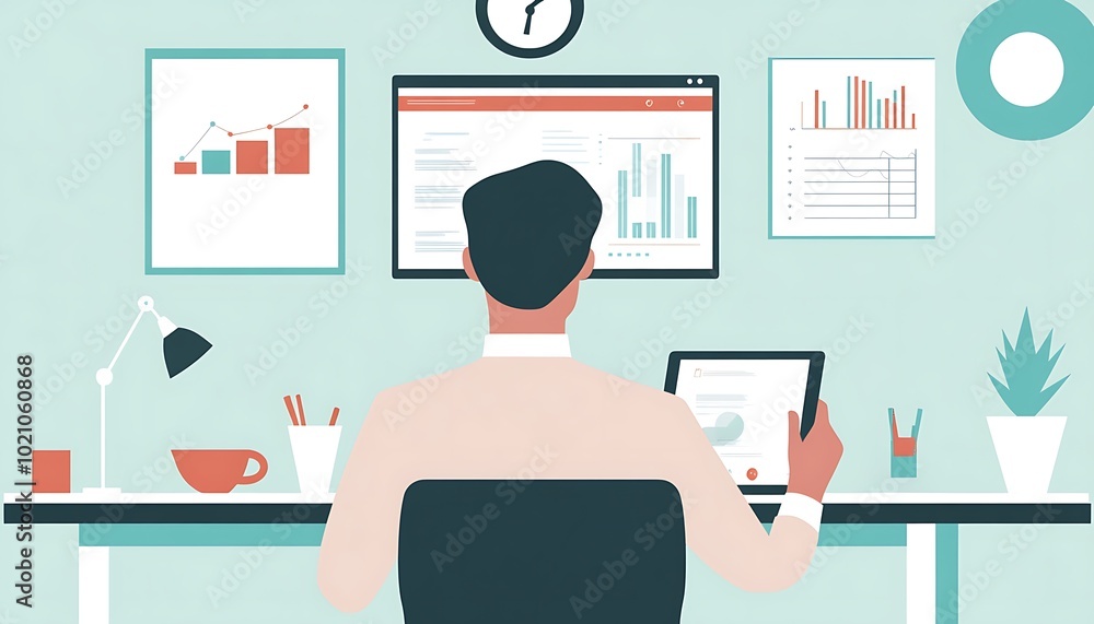 Poster man working at a desk with charts and graphs on screen