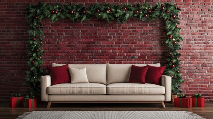 Obraz premium A cozy living room featuring a beige sofa adorned with red pillows, framed by a festive garland against a rustic brick wall.