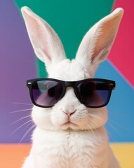 Cute Bunny Rabbit Wearing Sunglasses on a Colorful Background.
