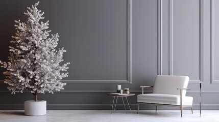 A modern living space featuring a white Christmas tree, stylish chair, and minimal decor against a gray wall.