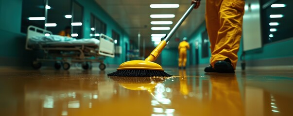 A hospital hallway is being cleaned with a yellow mop, reflecting a focus on hygiene and cleanliness in a healthcare environment.