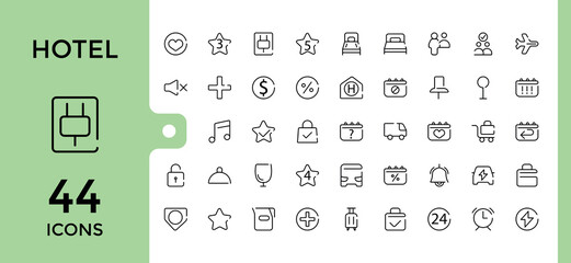 Hotel Line Icons set. Minimal thin line style hotel services icons collection. Parking, car, cleaning and more. Editable stroke, pixel perfect, vector illustration.