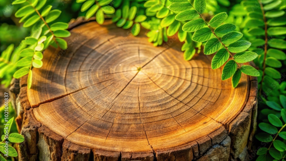 Poster tree trunk cross section with lush green foliage