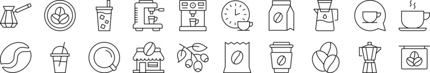 Coffee, Cup and Grains Related Line Icon Collection. Editable Stroke. Perfect for Infographics, Articles, Books, Flyers, Banners