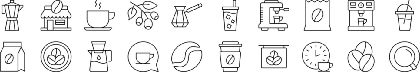 Coffee, Cup and Grains Line Icon Collection. Editable Stroke. Perfect for Infographics, Articles, Books, Flyers, Banners
