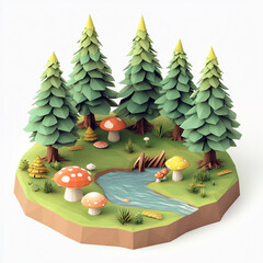 Naklejka premium 3D isometric rendering of a forest with pine trees and mushrooms in a low poly style. 
