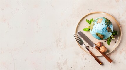 Culinary concept with globe as food on plate with cutlery and quail eggs. World Food Day background.