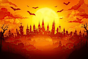 Halloween 2022. City panorama in halloween style. Scary halloween isolated background. Orange and yellow background. Vector illustration, 3d render with generative ai
