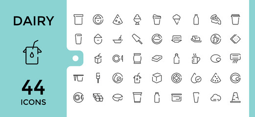 Set of line icons about dairy items. Milk, cheese, Butter, cream and more, Outline icon collections, Editable stroke. pixel perfect. Vector illustration.