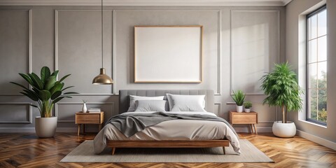 Minimalist bedroom interior with a large picture frame above the bed and wooden floors