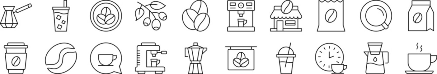 Coffee, Cup and Grains Outline Picture Collection. Editable Stroke. Perfect for Infographics, Articles, Books, Flyers, Banners