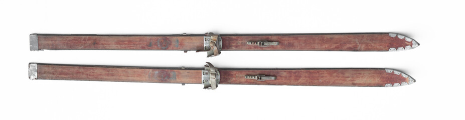 vintage wooden skis isolated on white background