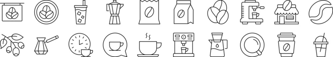 Coffee, Cup and Grains Outline Sign Collection. Editable Stroke. Perfect for Infographics, Articles, Books, Flyers, Banners