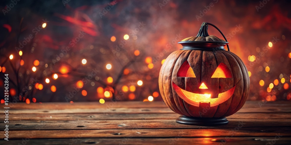 Poster A Glowing Jack-O-Lantern Lantern Rests On A Wooden Table With A Warm Glow From The Candle Inside And A Background Of Warmly Lit Bokeh Lights And Soft Smoke