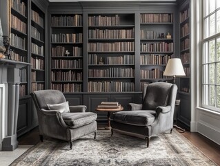 Classic library with white walls and dark gray furniture
