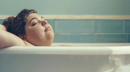 A woman is taking a bath in a large bathtub, enjoying the warm water and the soothing atmosphere