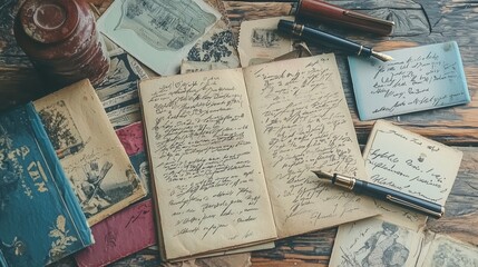 Vintage Postcards and Fountain Pens on Wooden Table